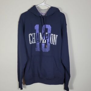 Y2K Champion Mens Hoodie Sweatshirt Size M Logo Spellout Casual Navy Pockets